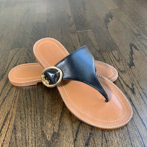 COACH Womens Black Leather Flat Sandals Gold Buckle Trim LESLI Size 6.5